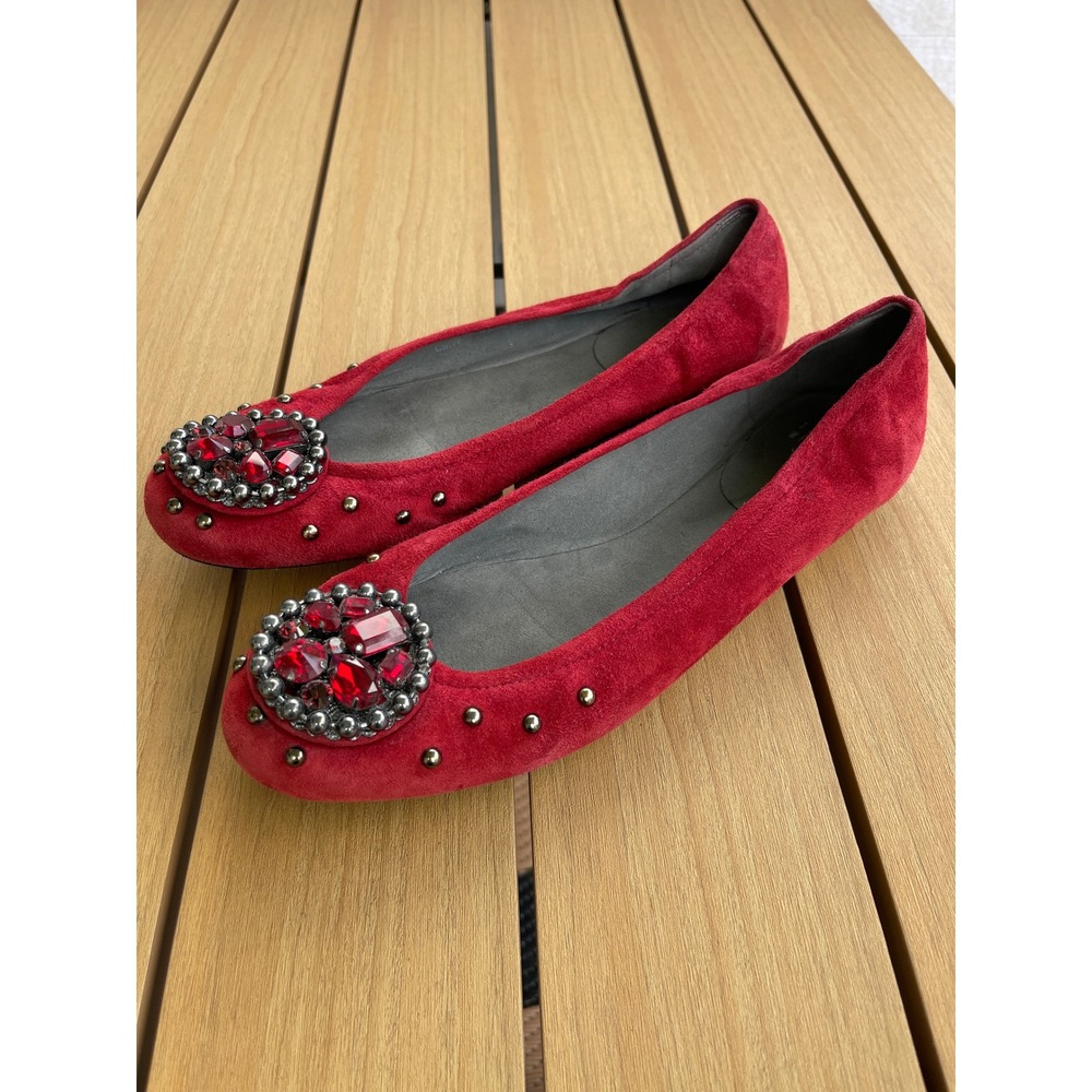 Stuart Weitzman Red Suede Crystal Medallion Studded Ballet Flats Size 9 M